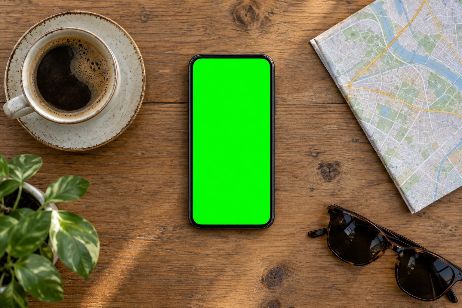 A staged scene: a phone on a wooden café table beside a coffee, a folded paper map, a plant and sunglasses, showing the Togra map.