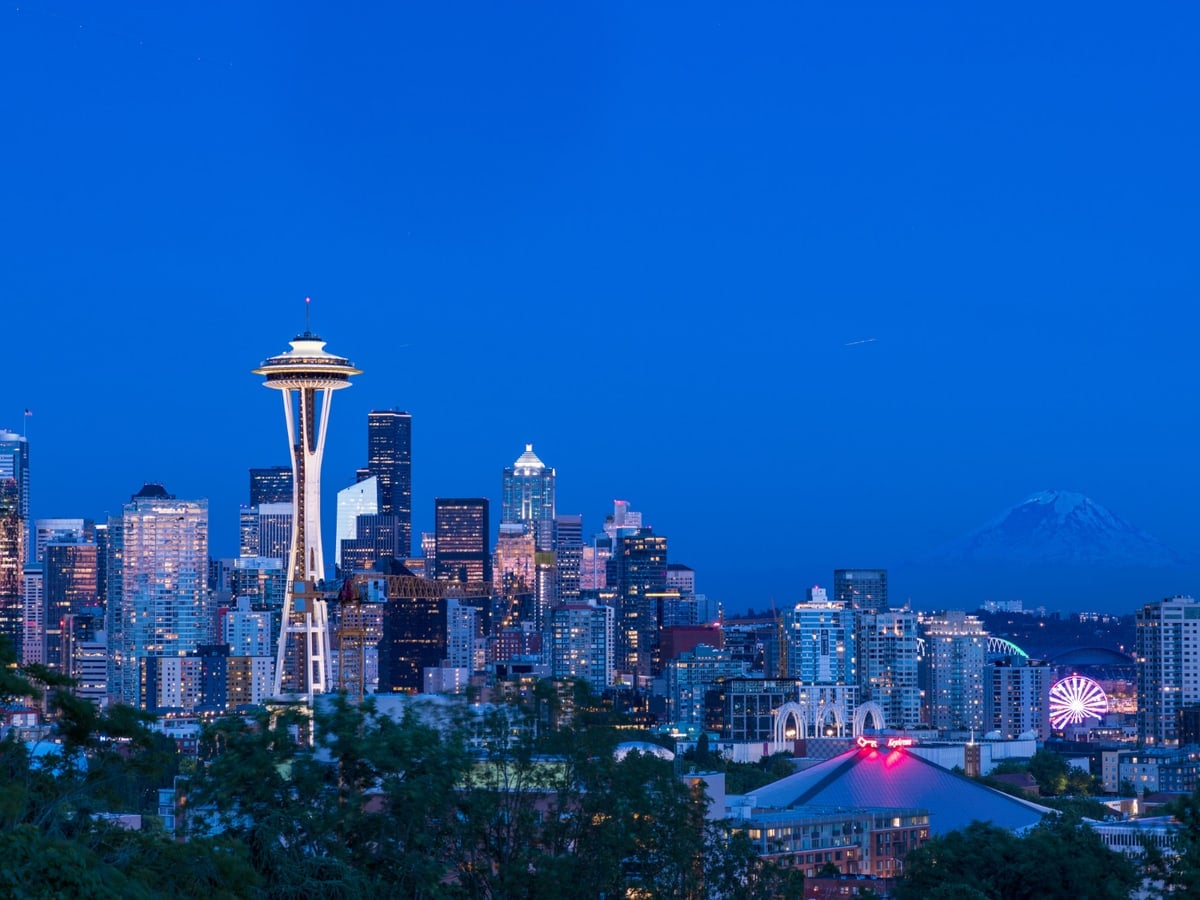 The Seattle skyline at blue hour.